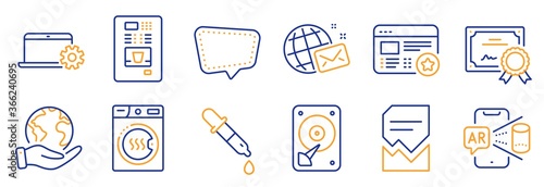 Set of Technology icons, such as Chat message, Hdd. Certificate, save planet. Corrupted file, Dryer machine, Chemistry pipette. Notebook service, Augmented reality, Coffee vending. Vector