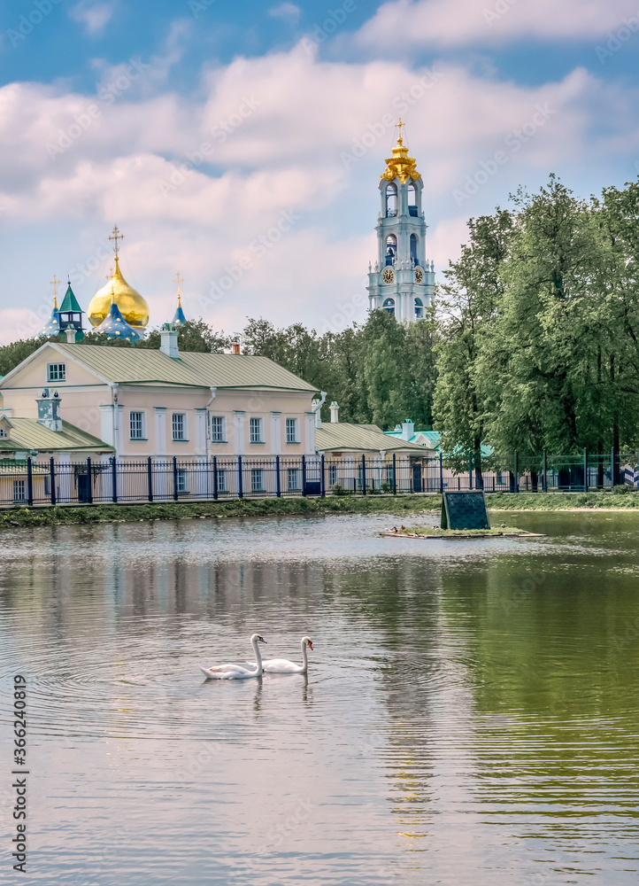 Golden ring Lake with swans in Sergiev Posad