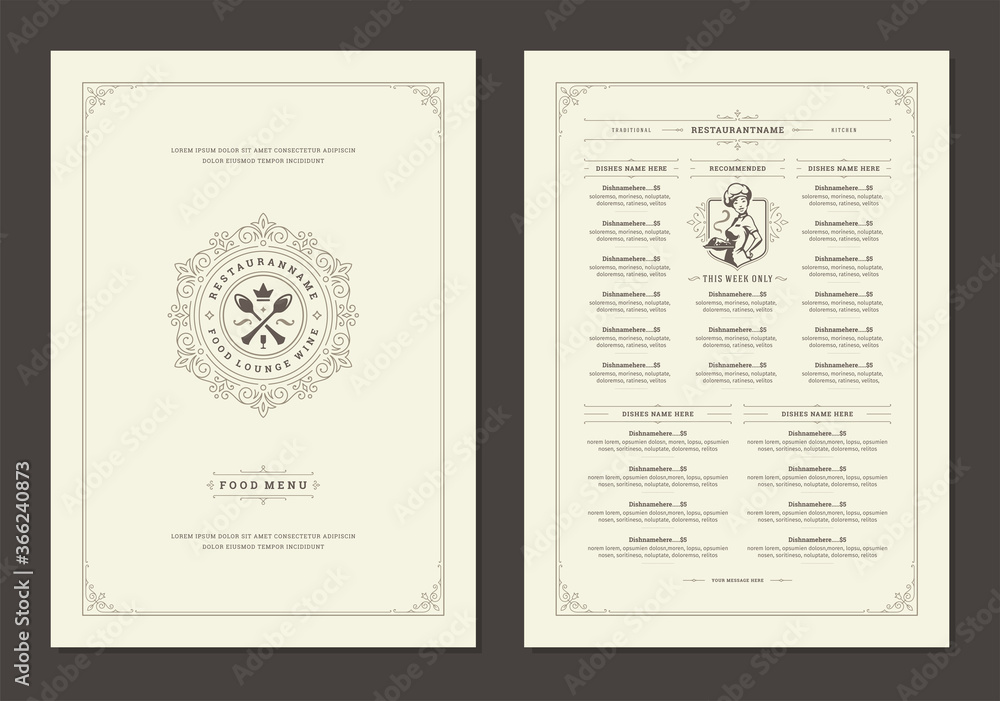 Menu design template with cover and restaurant vintage logo vector