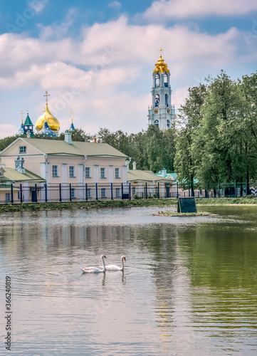 Golden ring Lake with swans in Sergiev Posad
