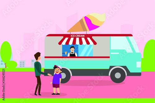 Ice cream truck vector concept: father and child buying ice cream at the outlet truck