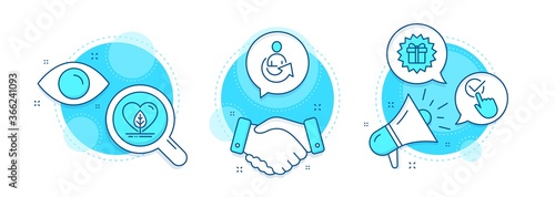 Local grown, Share and Surprise gift line icons set. Handshake deal, research and promotion complex icons. Checkbox sign. Organic tested, Referral person, Shopping offer. Approved. Vector