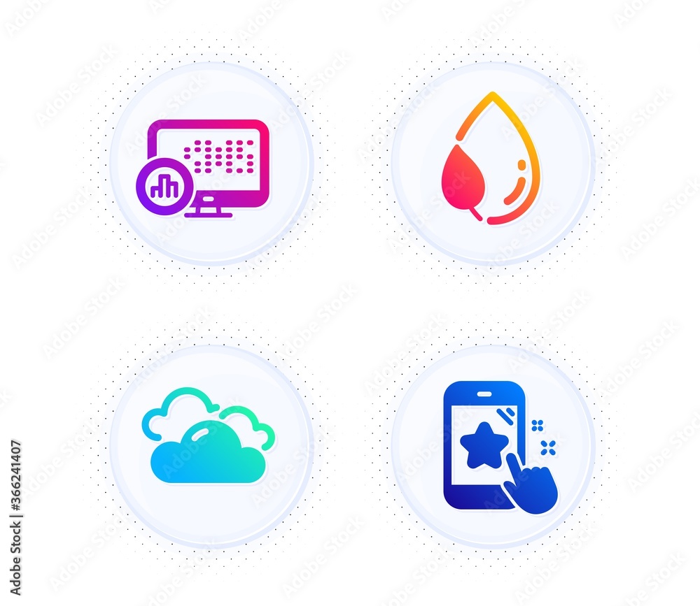 Report statistics, Cloudy weather and Leaf dew icons simple set. Button with halftone dots. Star rating sign. Graph chart, Sky climate, Water drop. Phone feedback. Business set. Vector