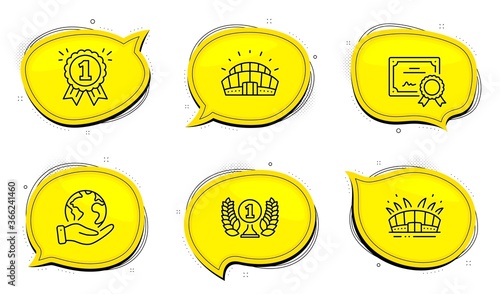 Reward sign. Diploma certificate, save planet chat bubbles. Sports stadium, Arena stadium and Laureate award line icons set. Championship arena, Sport complex, Prize. First place. Sports set. Vector