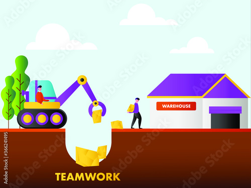Teamwork vector concept: labors loading the golden ore beneath the ground to the warehouse