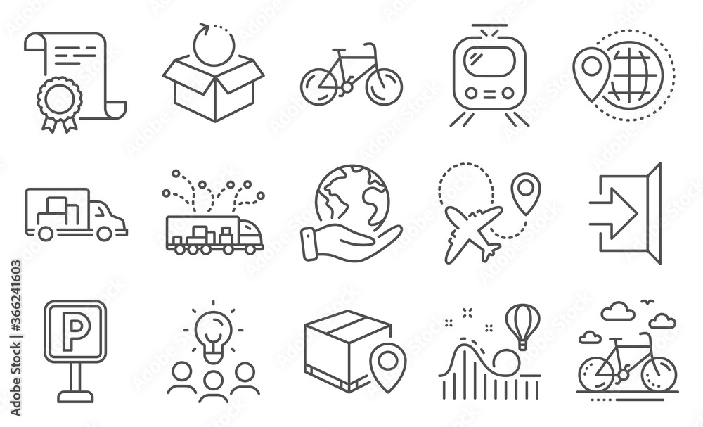 Set of Transportation icons, such as Parking, Roller coaster. Diploma, ideas, save planet. Parcel tracking, Airplane, Bike rental. World travel, Return package, Truck delivery. Vector