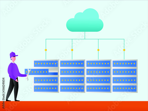 Cloud server maintenance vector concept: technician holding a wrench while opening one of the cloud server cabinet drawers