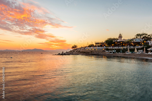 Fototapeta Naklejka Na Ścianę i Meble -  Huseyinburnu lighthouse night view in Turgutreis Town in Turkey.