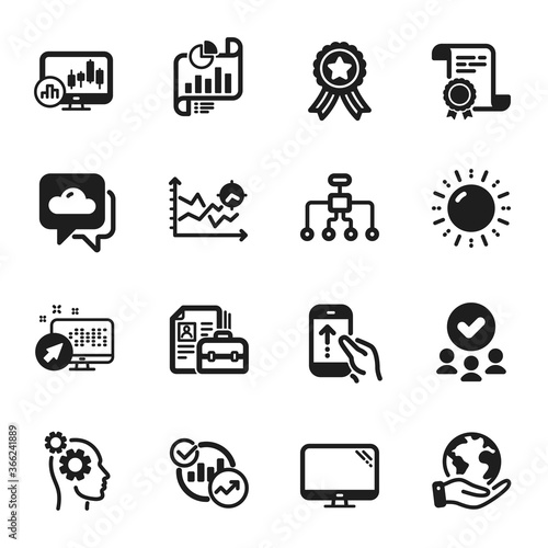 Set of Science icons, such as Report document, Sun energy. Certificate, approved group, save planet. Statistics, Thoughts, Restructuring. Seo analysis, Computer, Web system. Vector