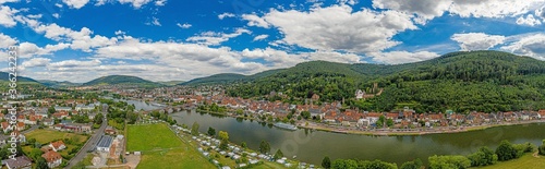 Aerial drone panoramic picture of the medieval city of Miltenberg in Germany during daytime © Aquarius
