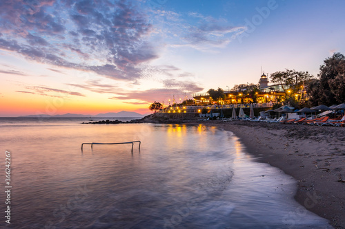 Fototapeta Naklejka Na Ścianę i Meble -  Huseyinburnu lighthouse night view in Turgutreis Town in Turkey.
