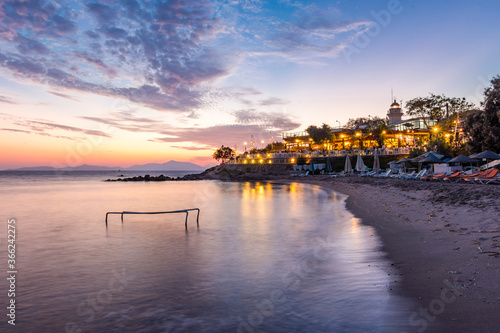 Fototapeta Naklejka Na Ścianę i Meble -  Huseyinburnu lighthouse night view in Turgutreis Town in Turkey.