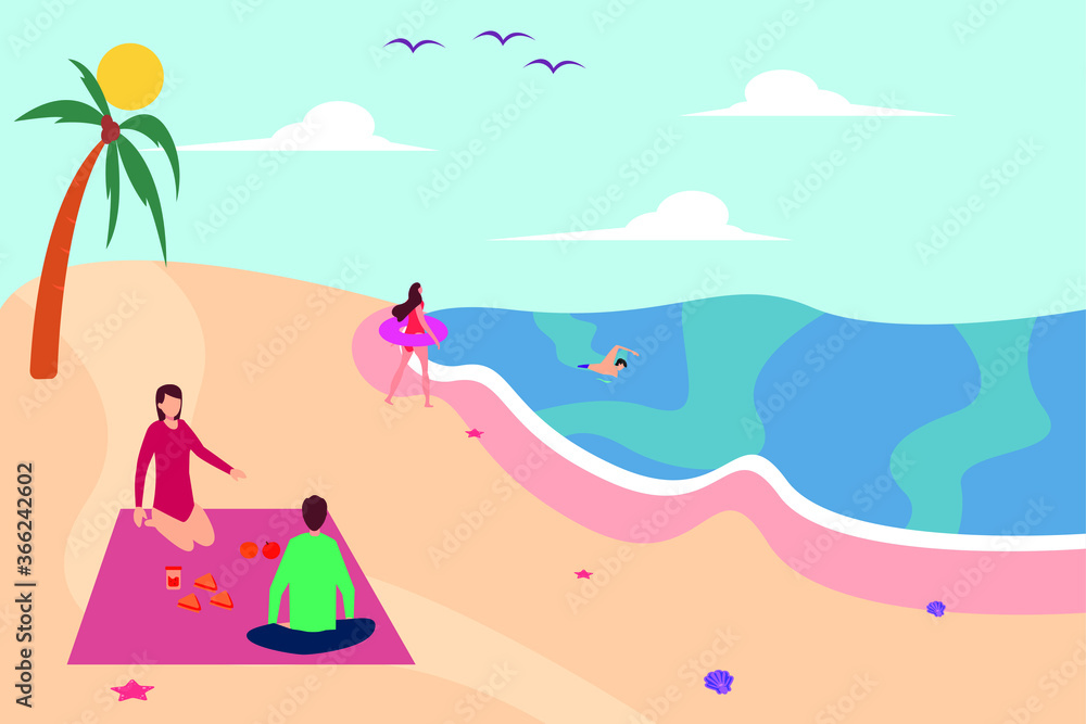 Beach picnic vector concept: couple of teenagers having a picnic while their friends swimming at the beach Beach picnic vector concept: couple of teenagers having a picnic while their friends swimming at the beach