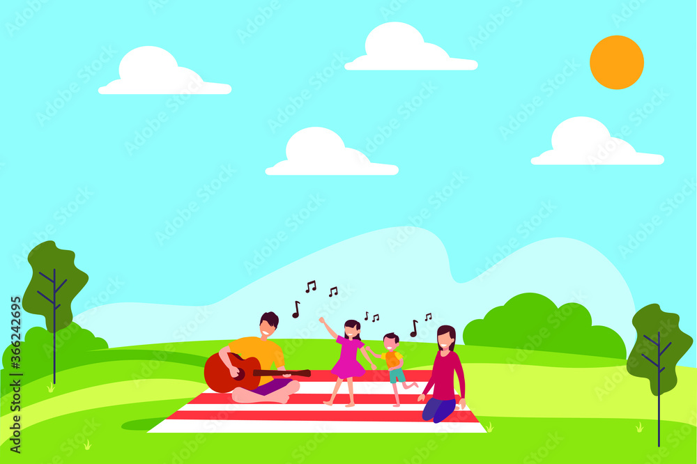 Family picnic vector concept: Family playing guitar and singing a song while having a picnic