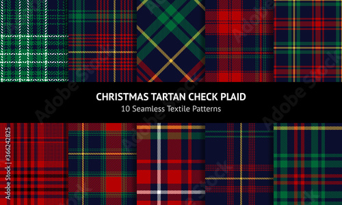 Christmas pattern set in green, red, yellow, blue. Seamless multicolored tartan check plaid for flannel shirt, skirt, blanket, duvet cover, tablecloth, or other New Year textile print.