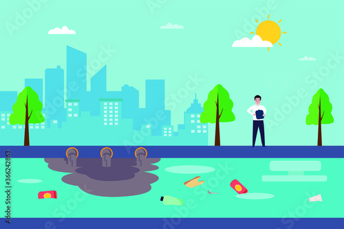 River conservation vector concept: Scientist observing the contaminated river stream