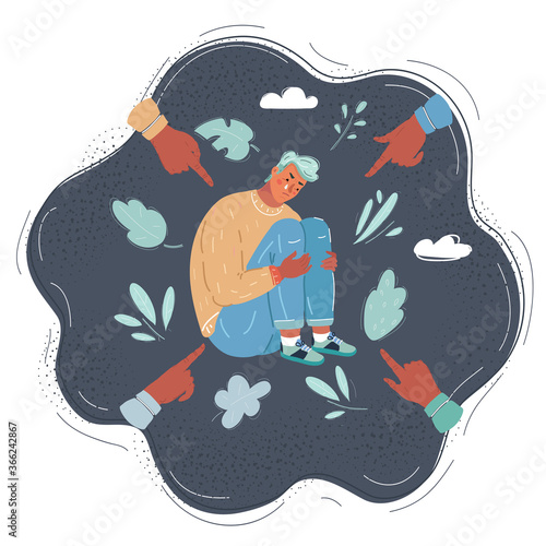 Vector illustration of social public condemnation of young man. Many fingers pointing at victim of bullying, shame person. Scared anxious depressive man on dark background.