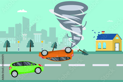 Tornado outbreak vector concept: tornado throwing cars and destroying roof