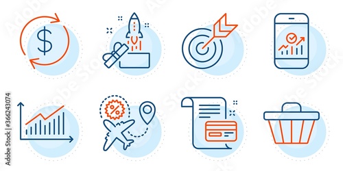 Innovation, Smartphone statistics and Payment card signs. Usd exchange, Graph and Flight sale line icons set. Shop cart, Target symbols. Currency rate, Presentation diagram. Finance set. Vector