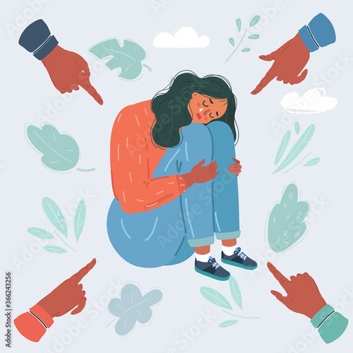 Vector illustration of social public condemnation of young woman. Many fingers pointing at victim of bullying, shame person. Scared anxious depressive man on white background.