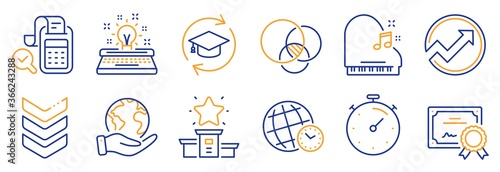 Set of Education icons, such as Piano, Time zone. Certificate, save planet. Continuing education, Audit, Euler diagram. Timer, Bill accounting, Winner podium. Vector