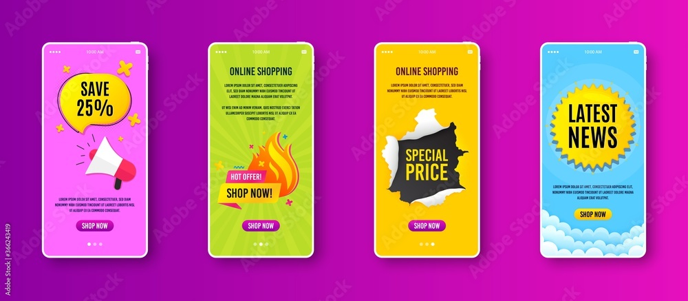 Fototapeta premium Hot offer sale icon. Phone screen banner. Discount banner shape. Special offer icon. Sale banner on smartphone screen. Mobile phone web template. Hot offer promotion. Vector