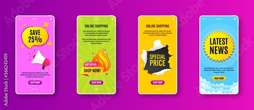 Hot offer sale icon. Phone screen banner. Discount banner shape. Special offer icon. Sale banner on smartphone screen. Mobile phone web template. Hot offer promotion. Vector