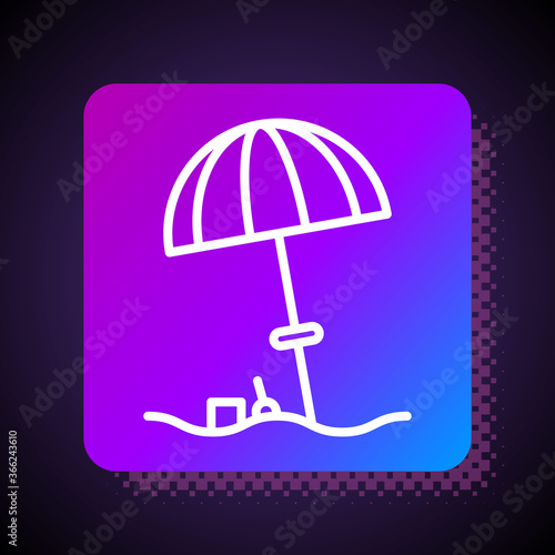White line Sun protective umbrella for beach icon isolated on black background. Large parasol for outdoor space. Beach umbrella. Square color button. Vector Illustration.