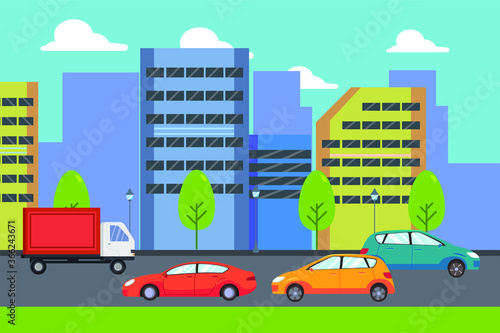 Fototapeta Naklejka Na Ścianę i Meble -  City traffic vector concept: City buildings with cars and truck on the road