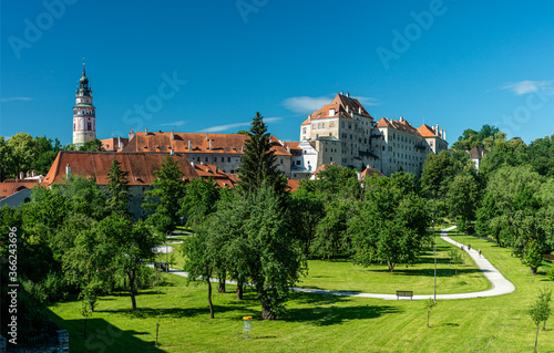 Cesky Krumlov. Castle, Tower, cityscape, sunny summer day.Czech republic