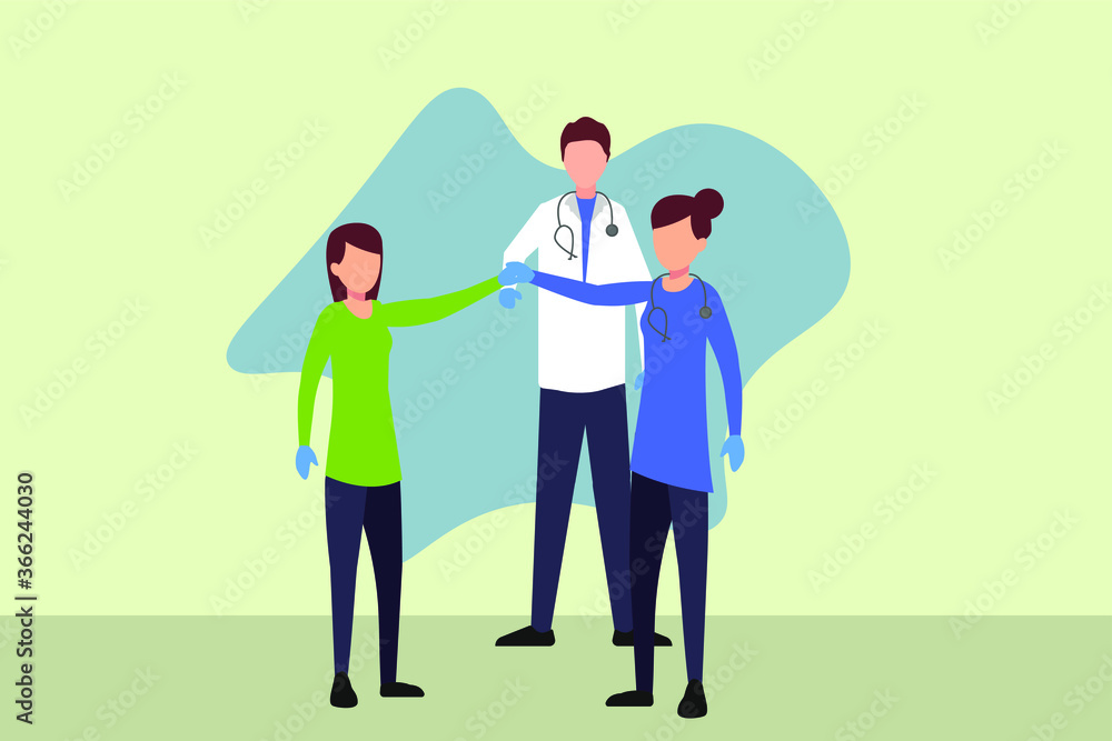 Doctor and nurse vector concept: group of doctor and nurses holding hands together in teamwork