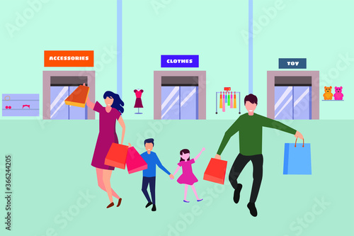 Family shopping vector concept: group of family dancing happily while shopping at the retail store