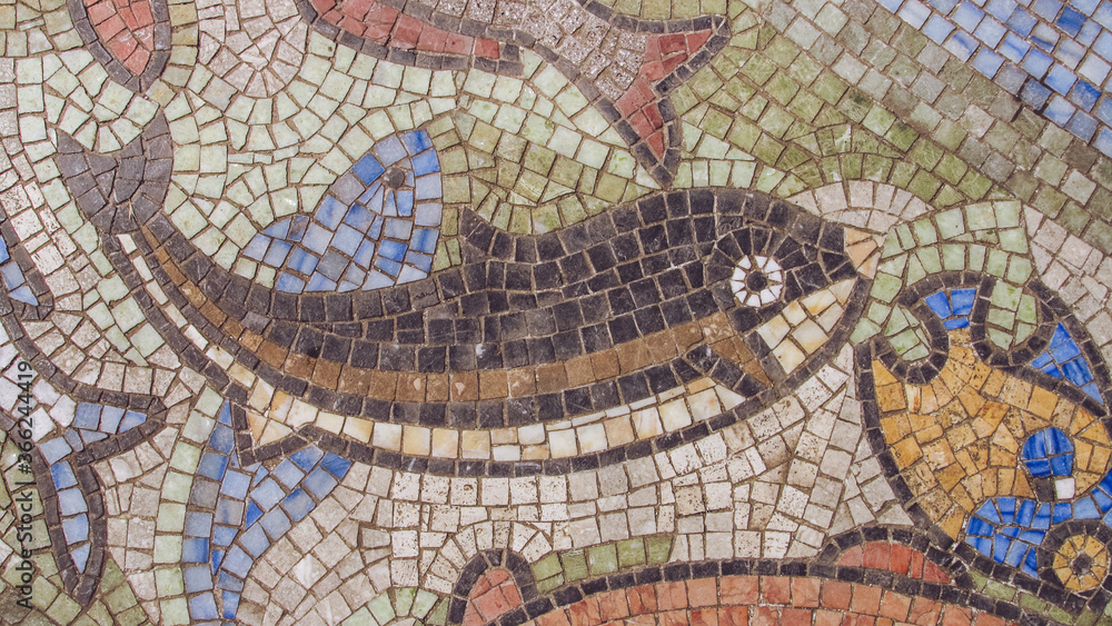 Obraz premium Close-up fragment of ancient religious mosaic, stone mosaic composition,
