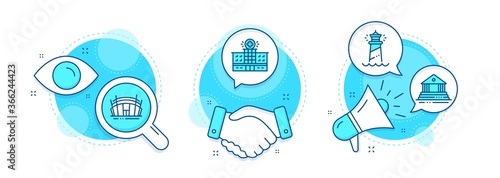 Hospital building, Court building and Arena stadium line icons set. Handshake deal, research and promotion complex icons. Lighthouse sign. Medical help, Government house, Sport complex. Vector