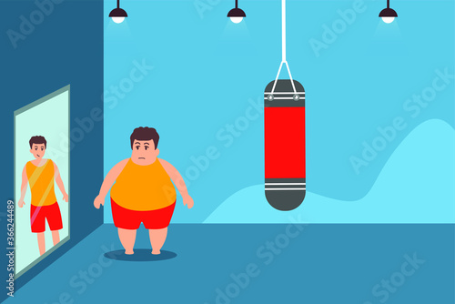 Loosing weight vector concept: fat man staring at the mirror reflecting his thin self