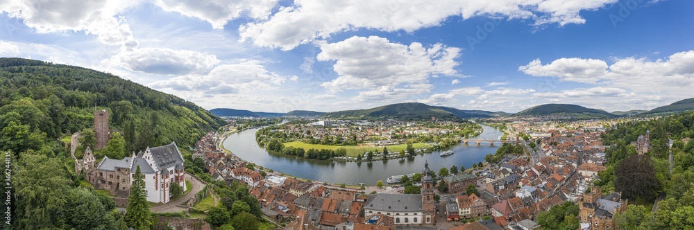 Aerial drone panoramic picture of the medieval city of Miltenberg in Germany during daytime
