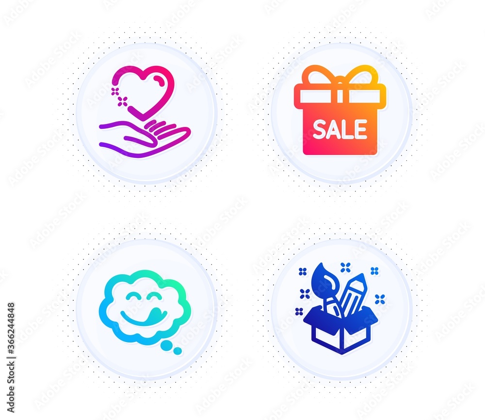 Yummy smile, Sale offer and Hold heart icons simple set. Button with halftone dots. Creativity sign. Comic chat, Gift box, Care love. Design idea. Holidays set. Gradient flat yummy smile icon. Vector Yummy smile, Sale offer and Hold heart icons simple set. Button with halftone dots. Creativity sign. Comic chat, Gift box, Care love. Design idea. Holidays set. Gradient flat yummy smile icon. Vector