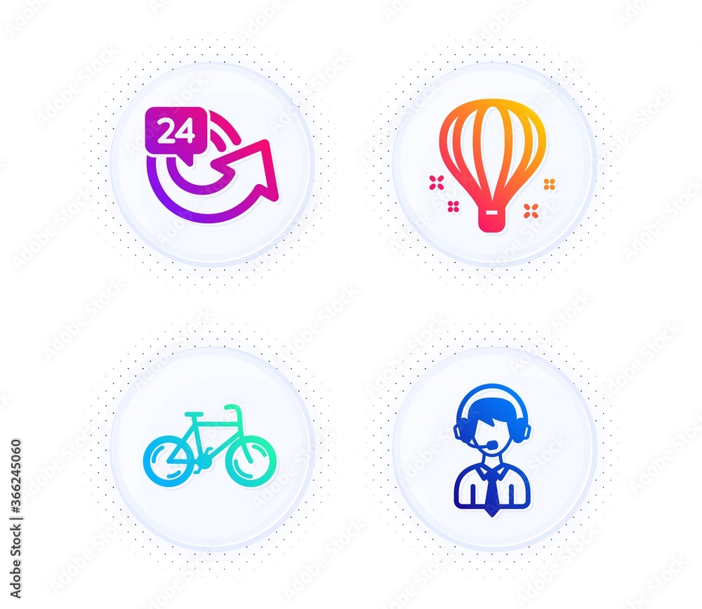 Air balloon, 24 hours and Bicycle icons simple set. Button with halftone dots. Shipping support sign. Sky travelling, Repeat, Bike. Delivery manager. Transportation set. Vector Air balloon, 24 hours and Bicycle icons simple set. Button with halftone dots. Shipping support sign. Sky travelling, Repeat, Bike. Delivery manager. Transportation set. Vector