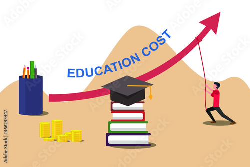 Education Cost vector concept: Male student trying to pull down always increasing education cost