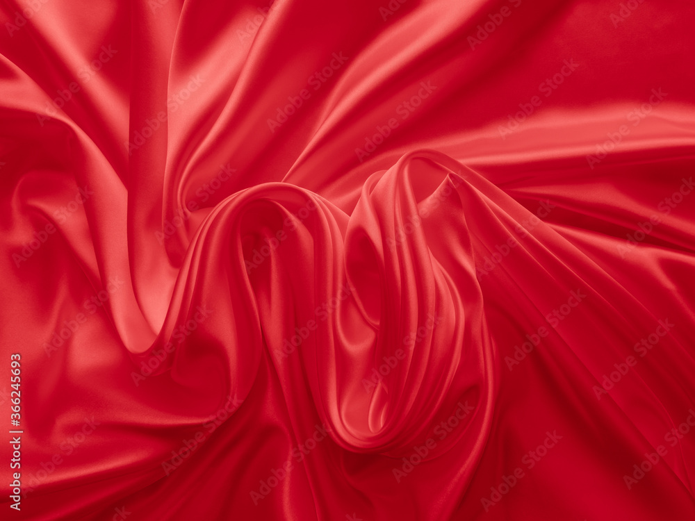 Fototapeta Beautiful elegant wavy red satin silk luxury cloth fabric texture with red background design. Card or banner.