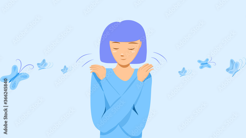 Butterfly hug. A psychology technique for self-soothing from anxiety and anger. A woman cross her arms and tap his shoulder. It’s OK to not be OK. Vector illustration. Flat design