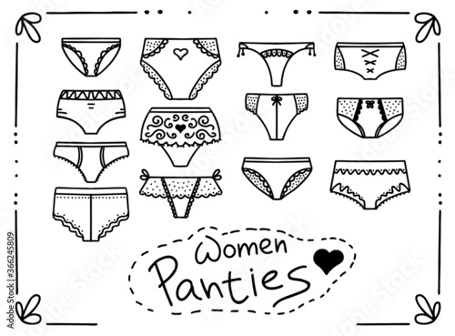 Panties types, woman underwear, bikini, string, hipsters underpants, swimwear bottom vector illustrations. Clothes store thin signs. 