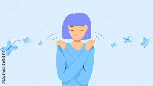Butterfly hug. A psychology technique for self-soothing from anxiety and anger. A woman cross her arms and tap his shoulder. It’s OK to not be OK. Vector illustration. Flat design