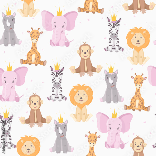 Vector illustration pattern with cartoon wild African multicolored animals.