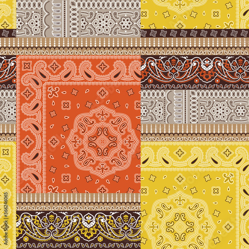 Colored bandanna kerchief fabric patchwork abstract vector seamless pattern