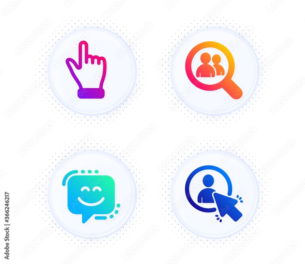 Search employees, Click hand and Smile face icons simple set. Button with halftone dots. User sign. Staff analysis, Direction finger, Chat. Project manager. People set. Vector Search employees, Click hand and Smile face icons simple set. Button with halftone dots. User sign. Staff analysis, Direction finger, Chat. Project manager. People set. Vector