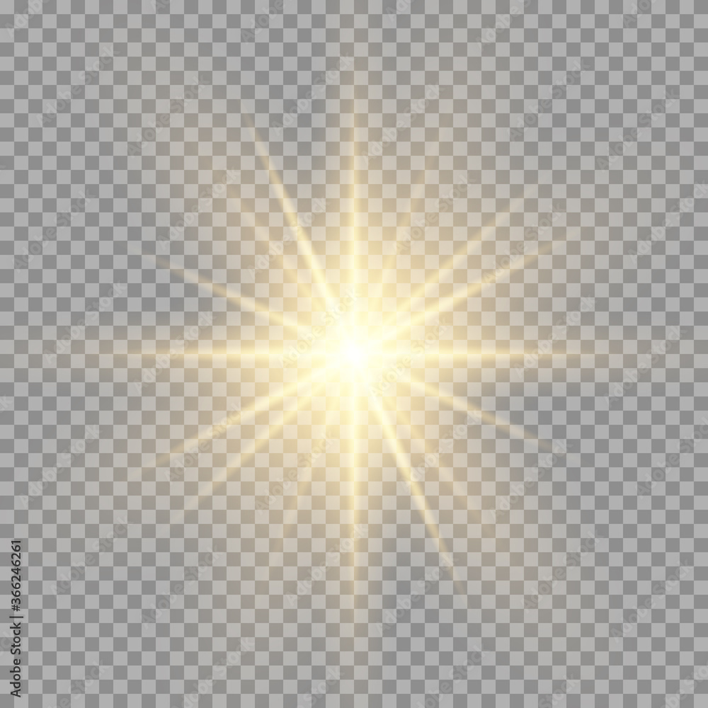 Yellow sun with rays and glow on transparent