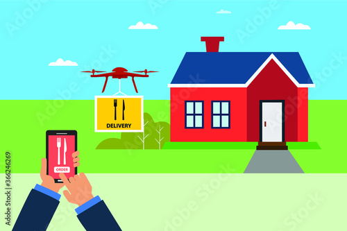 Fast food drone delivery vector concept: Man ordering food and being delivered by a drone