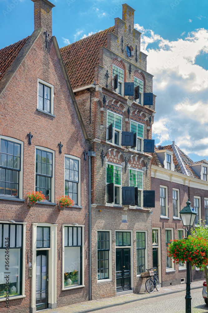 Detailed view of traditional dutch canal houses in the old town of Oudewater, Netherlands