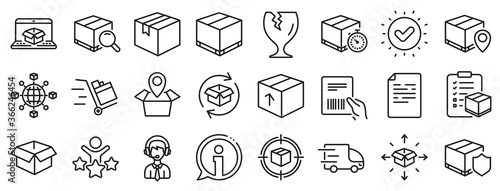 Set of Truck Delivery, Box and Checklist icons. Logistics, Shipping document line icons. Parcel tracking shipping, World trade logistics. Location pin, Goods parcel insurance and document. Vector